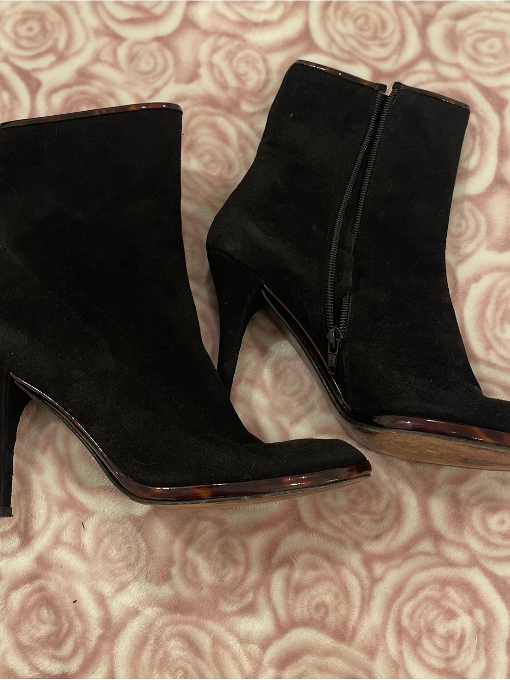 Stuart Weitzman Black Suede Ankle Booties with Gloss Trim
